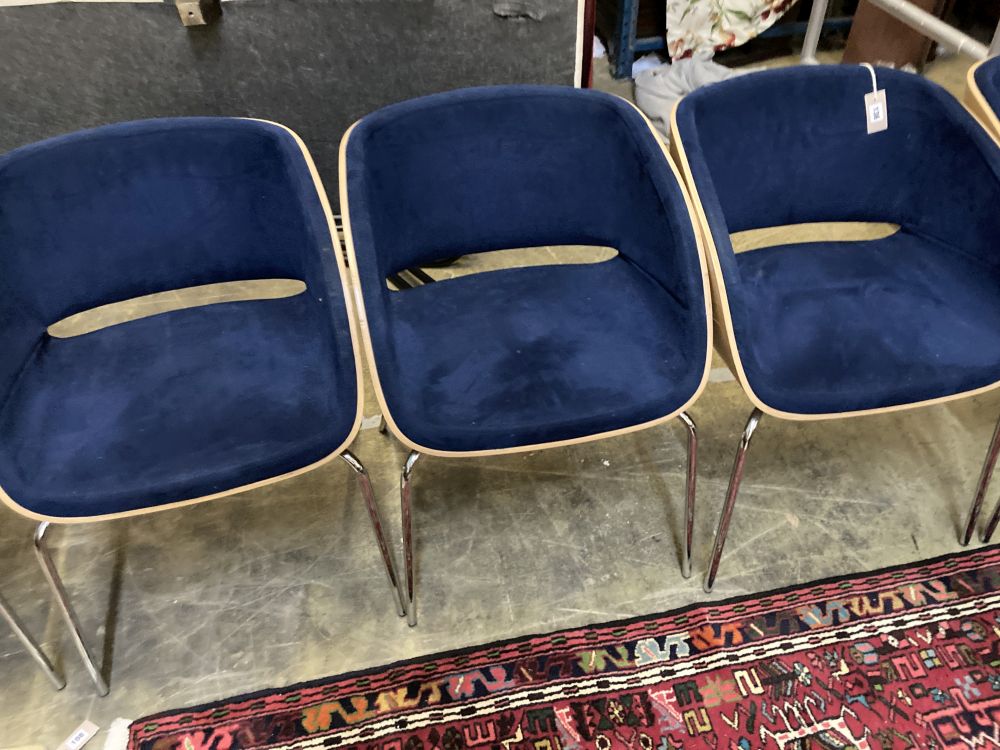 A set of six Hulsta D5 bentwood and blue suede dining chairs, width 58cm depth 58cm height 75cm